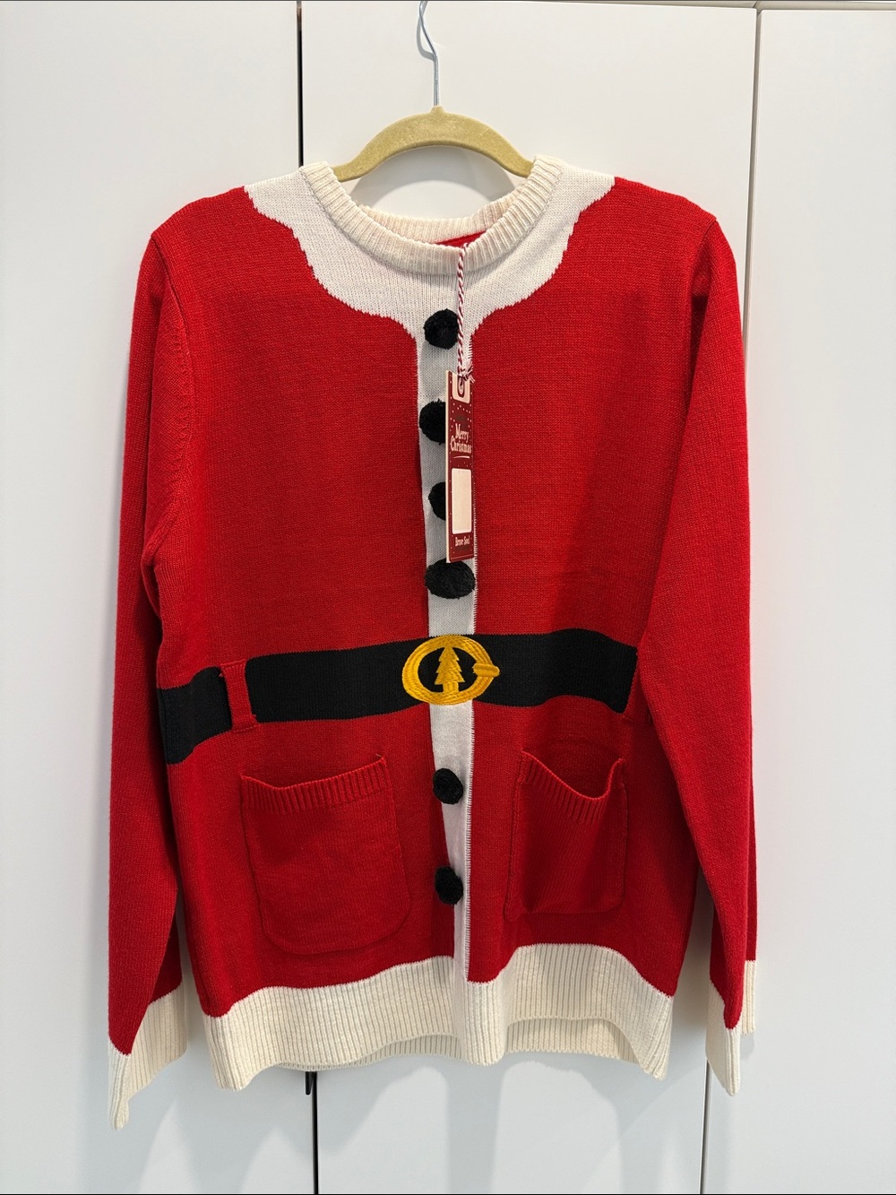 Brave Soul Red Santa-Style Crewneck Sweater with Black Belt Detail